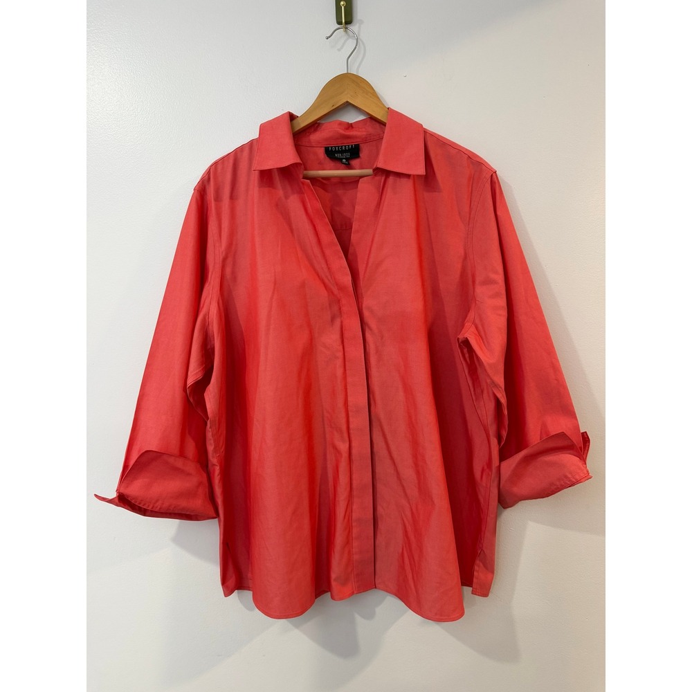Foxcroft Non-Iron Shaped Fit Coral Pink Button Down Shirt 3/4 Sleeve Plus 20W